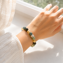 Load image into Gallery viewer, Female model wearing Aventurine Citrine Pyrite Silver Bead Bracelet 8MM by MysticFlavia
