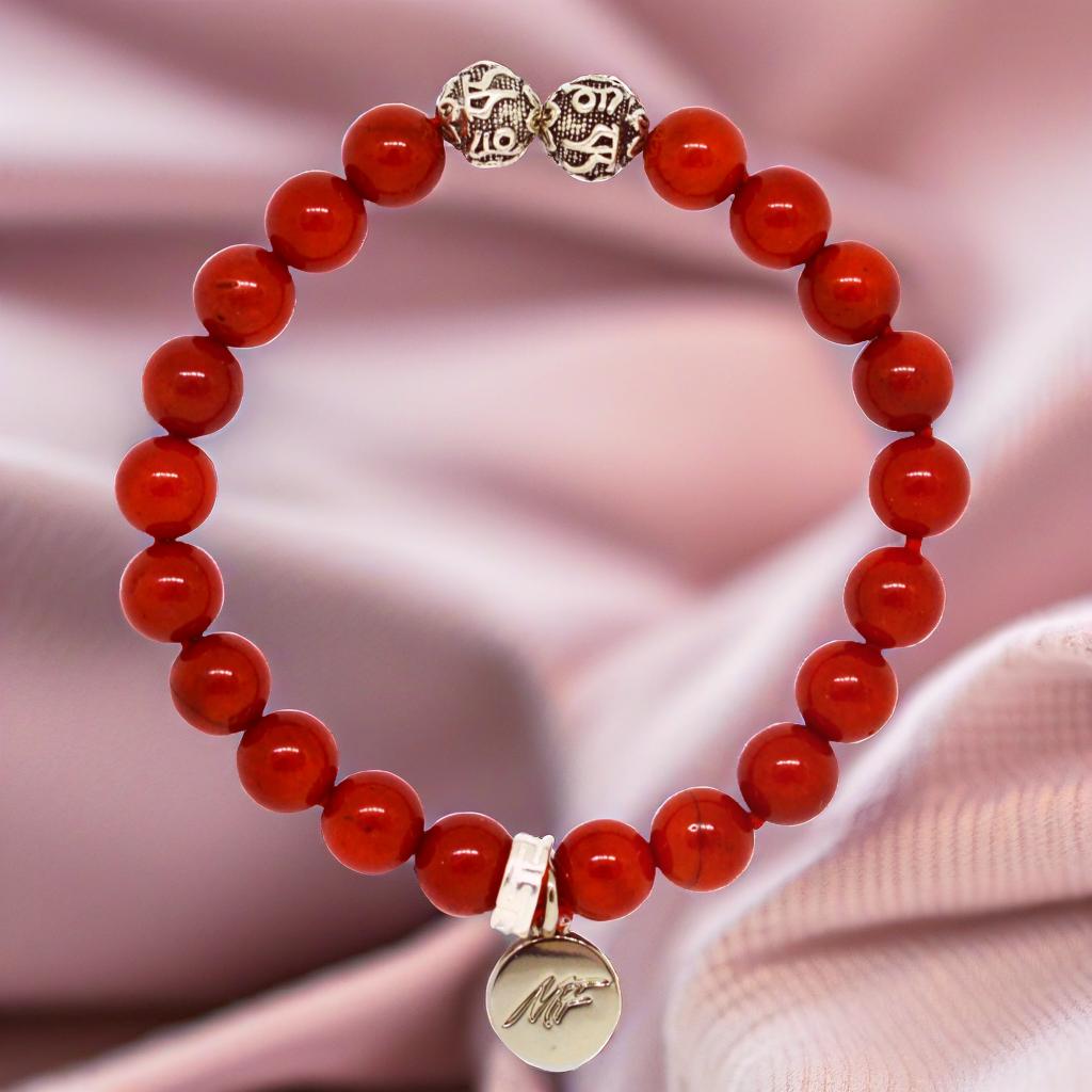 Red Coral Stone Silver Bead Bracelet (8 MM)