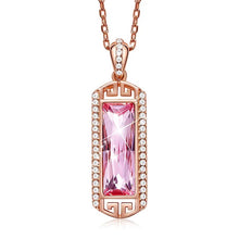 Load image into Gallery viewer, Rosaline Radiance crystal silver necklace with pink rectangular crystal in an ornate pavé frame
