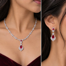 Load image into Gallery viewer, Red Ruby Zircon Silver Necklace Set Worn on Model with Matching Earrings
