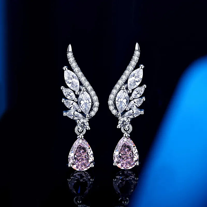 Pink Ruby Angel Wings Iced Silver Earrings