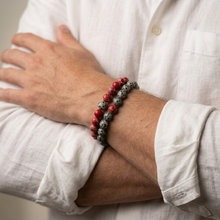 Load image into Gallery viewer, Sesame Jasper &amp; Red Jasper 8MM bracelets stacked on the wrist in a lifestyle photo

