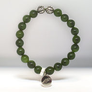 Jade Super Stone Silver Bead Bracelet 8MM front view with silver dragon beads and MysticFlavia charm