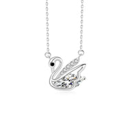 Moissanite swan pendant necklace in silver, front view with sparkling stone details on white background.
