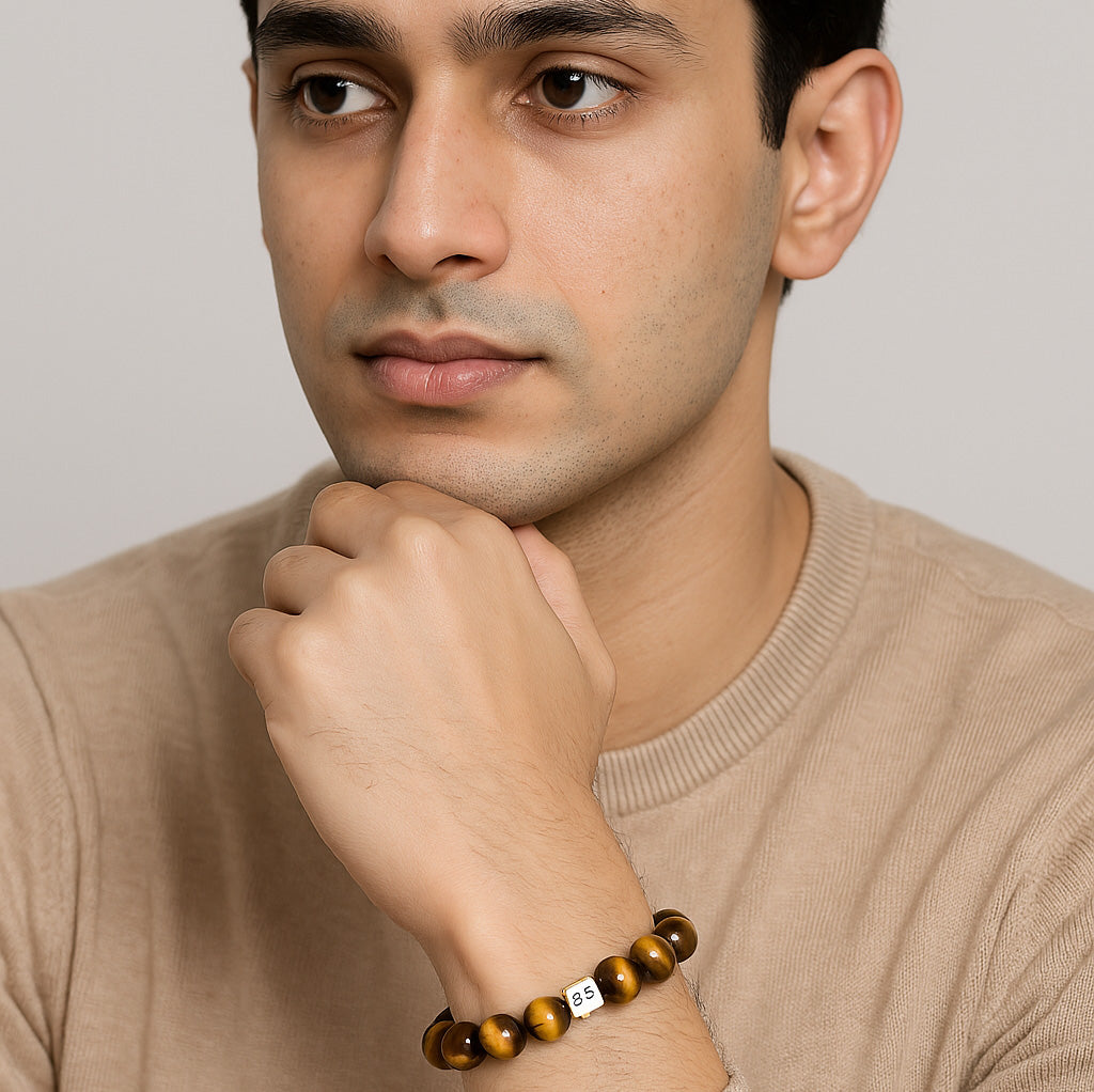 Tiger Eye Infinity Silver Bead Bracelet (12 MM)