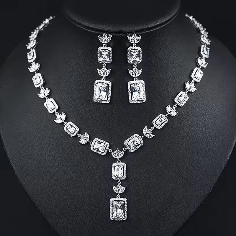 White Zircon Princess Cut Zircon Silver Necklace Set