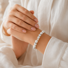 Load image into Gallery viewer, White howlite 925 sterling silver double flat bead bracelet worn on wrist with white outfit by MysticFlavia

