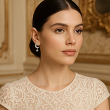 Load image into Gallery viewer, White Zircon Moon &amp; Hanging Star Silver Earrings
