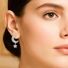 Load image into Gallery viewer, White Zircon Moon &amp; Hanging Star Silver Earrings
