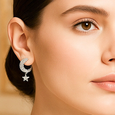 White Zircon Moon & Hanging Star Silver Earrings
