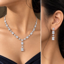 Load image into Gallery viewer, Princess Cut Zircon Silver Necklace Set with matching earrings worn by a model, MysticFlavia
