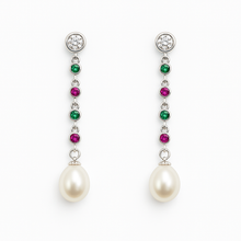 Load image into Gallery viewer, MysticFlavia silver drop earrings with green and pink gemstones and a white pearl, product view
