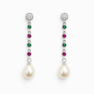 MysticFlavia silver drop earrings with green and pink gemstones and a white pearl, product view