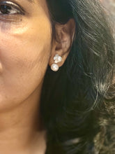 Load image into Gallery viewer, Model wearing white natural pearl flower earrings close-up
