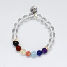 Load image into Gallery viewer, 7 Chakra Clear Quartz bracelet showing silver charm engraved with MF logo above clear beads
