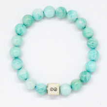 Load image into Gallery viewer, MysticFlavia amazonite bracelet with mint green beads and square 925 sterling silver infinity charm, white background

