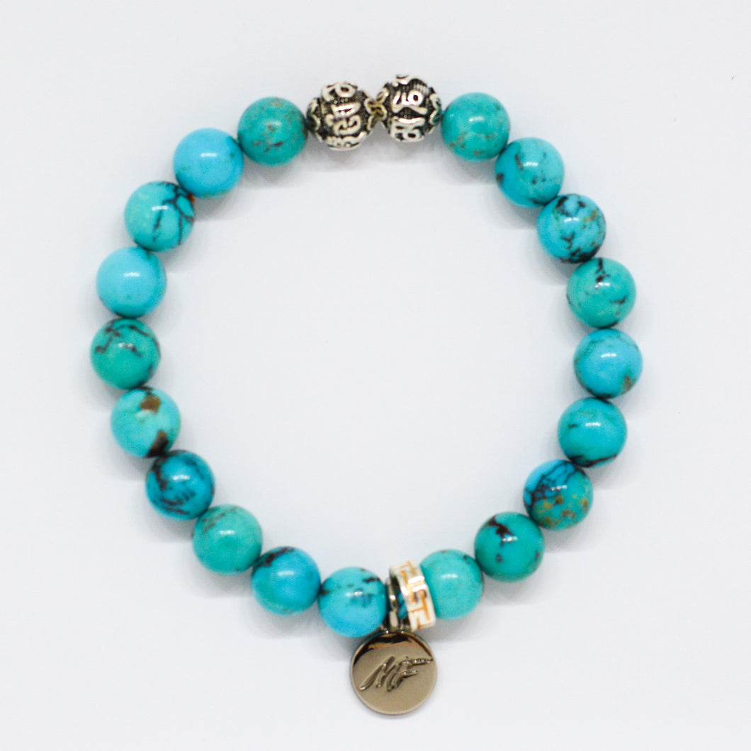 American Turquoise Stone  Silver Bead Bracelet (8 MM)