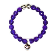 Round amethyst bracelet with faceted purple beads and silver charm on white background by MysticFlavia
