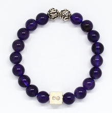 Load image into Gallery viewer, Amethyst bracelet with round natural beads and infinity silver bead on white background by MysticFlavia
