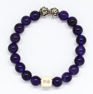 Amethyst bracelet with round natural beads and infinity silver bead on white background by MysticFlavia