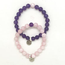 Load image into Gallery viewer, Amethyst and Rose Quartz couple bracelets close-up showing beads on white background
