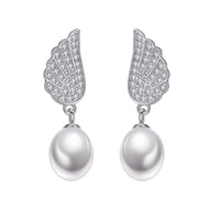 Angel wing natural pearl zircon silver earrings pair with white pearl drops