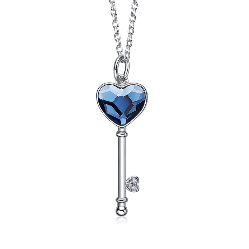 Ocean Blue Swarovski Crystal Key Silver Necklace