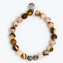 Load image into Gallery viewer, Back view of Australian Zebra Stone Silver Bead Bracelet 8mm with 925 Sterling Silver Om beads and Mystic Flavia charm.
