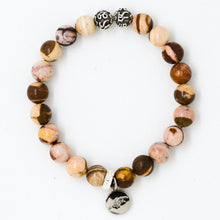 Load image into Gallery viewer, Australian Zebra Stone Silver Bead Bracelet 8mm with 925 Sterling Silver Om beads and Mystic Flavia charm.
