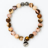 Australian Zebra Stone Silver Bead Bracelet 8mm with 925 Sterling Silver Om beads and Mystic Flavia charm.