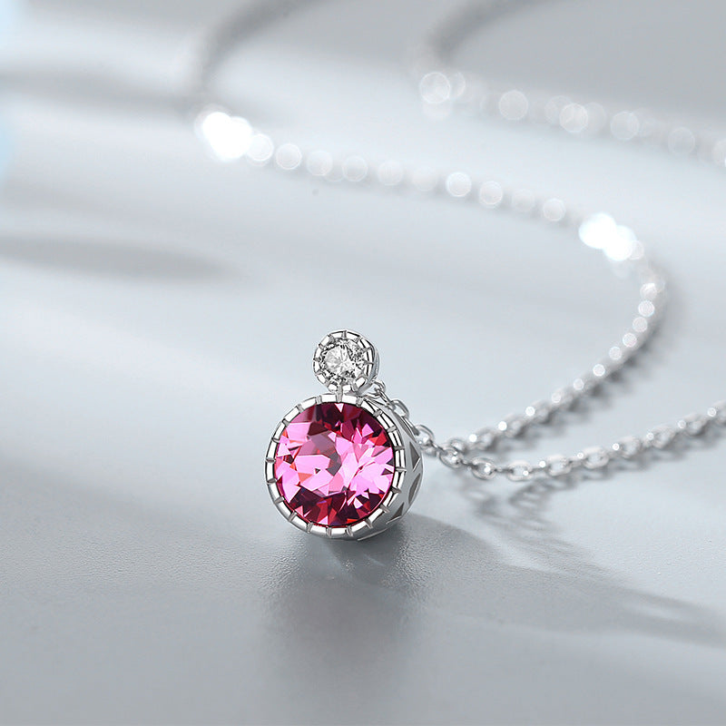 Pink Swarovski Crystal Circle Pendant Silver Necklace
