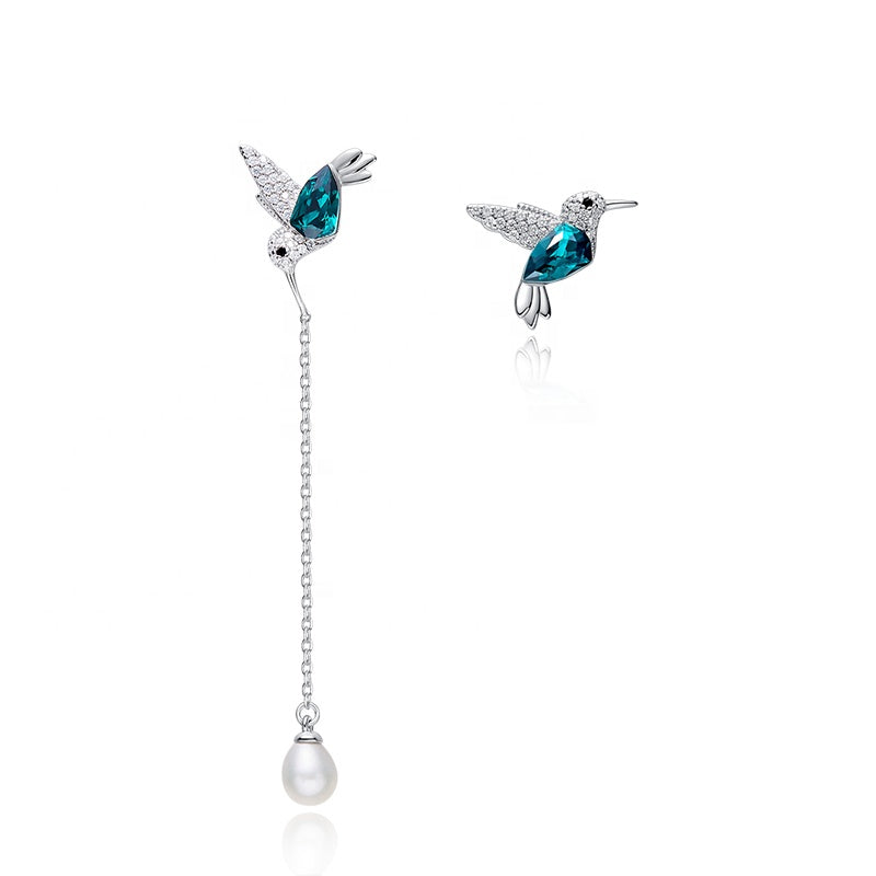 Green Bird Swarovski Crystal Pearl Silver Earrings