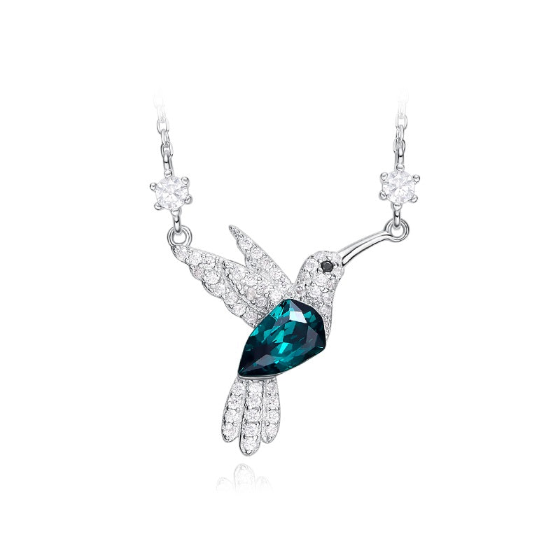 Green Bird Pendant Swarovski Crystal Silver Necklace