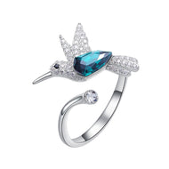 Swarovski crystal hummingbird ring with blue and pink crystals, 925 sterling silver, MysticFlavia