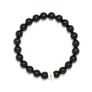 MysticFlavia black obsidian bracelet 8mm flat view with double flat silver bead at bottom on white background
