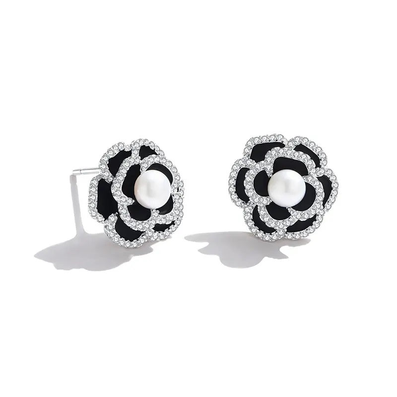 Flowery Black Rose Stud Pearl Silver Earrings