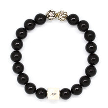 Load image into Gallery viewer, Black tourmaline infinity round silver bead bracelet with 925 sterling silver MF cube, white background
