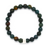 MysticFlavia bloodstone bracelet with dark green-red speckled beads and small double silver bead clasp, white background

