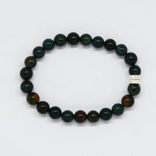 Load image into Gallery viewer, Bloodstone bracelet laid flat showing dark round beads with 925 sterling silver double bead detail, white background

