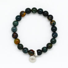 Load image into Gallery viewer, MysticFlavia bloodstone bracelet bracelet with dark green-red speckled beads and silver round tag, white background

