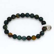 Load image into Gallery viewer, Natural bloodstone flat silver bead bracelet showing dark green and red-orange speckled beads with 925 sterling silver charm, top view

