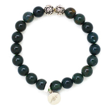 Load image into Gallery viewer, MysticFlavia bloodstone bracelet with two carved 925 sterling silver beads and round brand tag, white background

