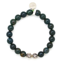 Load image into Gallery viewer, Natural bloodstone bracelet 8MM with two carved silver beads at bottom and brand charm, white background

