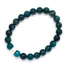 Load image into Gallery viewer, Blue Apatite Stone Double Flat Silver Bead Bracelet 8mm by MysticFlavia showing natural blue apatite gemstone beads and double flat 925 sterling silver beads.
