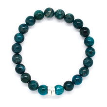 Load image into Gallery viewer, Blue Apatite Stone Double Flat Silver Bead Bracelet 8mm with 925 sterling silver double flat beads on a white background | MysticFlavia
