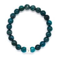 Blue Apatite Stone Double Flat Silver Bead Bracelet 8mm with 925 sterling silver double flat beads on a white background | MysticFlavia