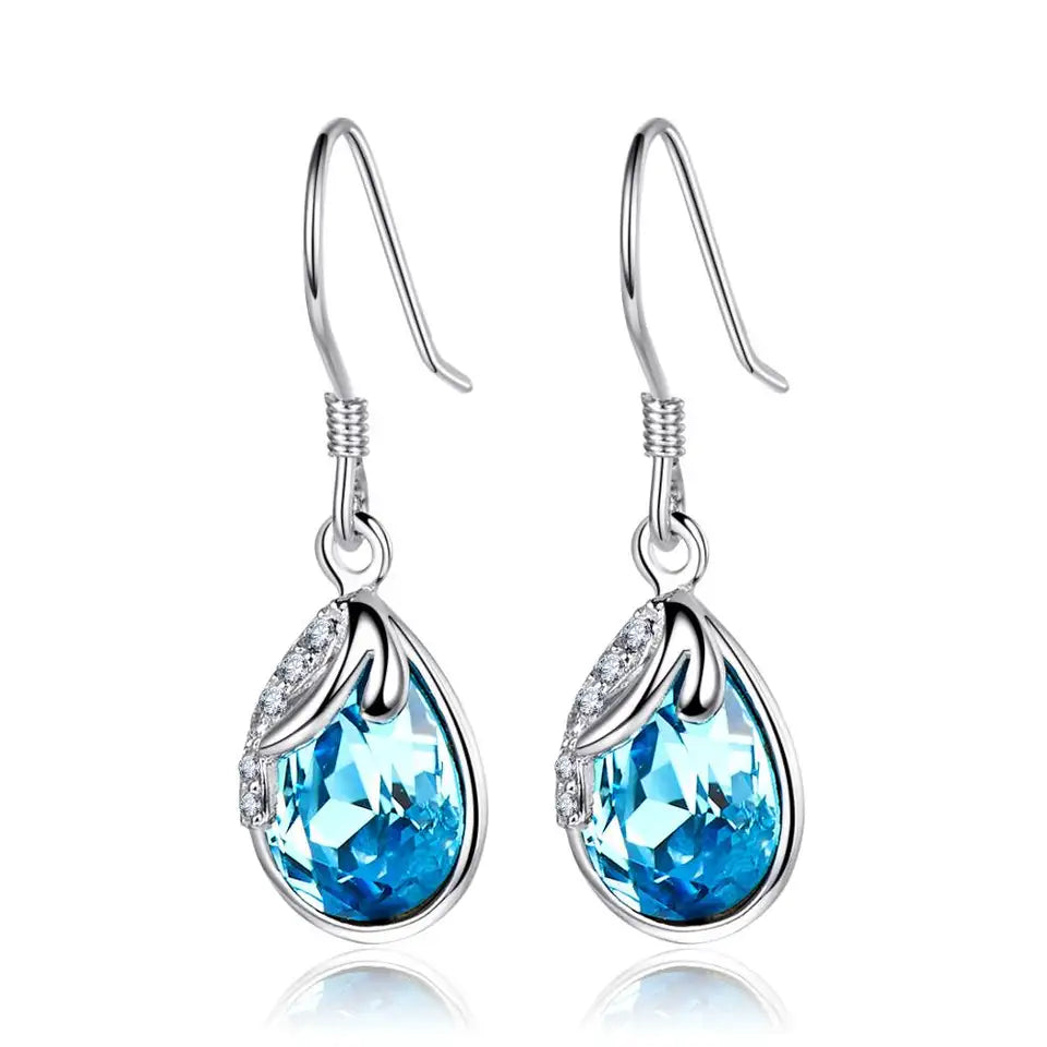 Blue Drop Swarovski Crystal Dangling Silver Earrings