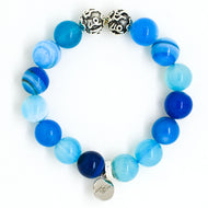 Blue Striped Agate bracelet with round beads, carved silver spacers, and silver MF charm, MysticFlavia
