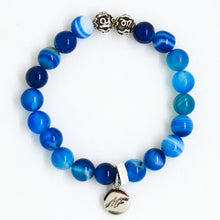 Load image into Gallery viewer, Blue Striped Agate infinity bracelet with round beads and engraved silver charm, MysticFlavia jewellery
