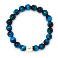 MysticFlavia blue tiger eye infinity silver bead bracelet with MF cube bead, white background